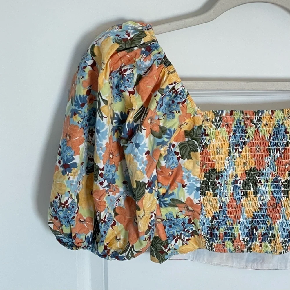 Abercrombie & Fitch Square Neck Ruched Puff Sleeve floral Top 35432